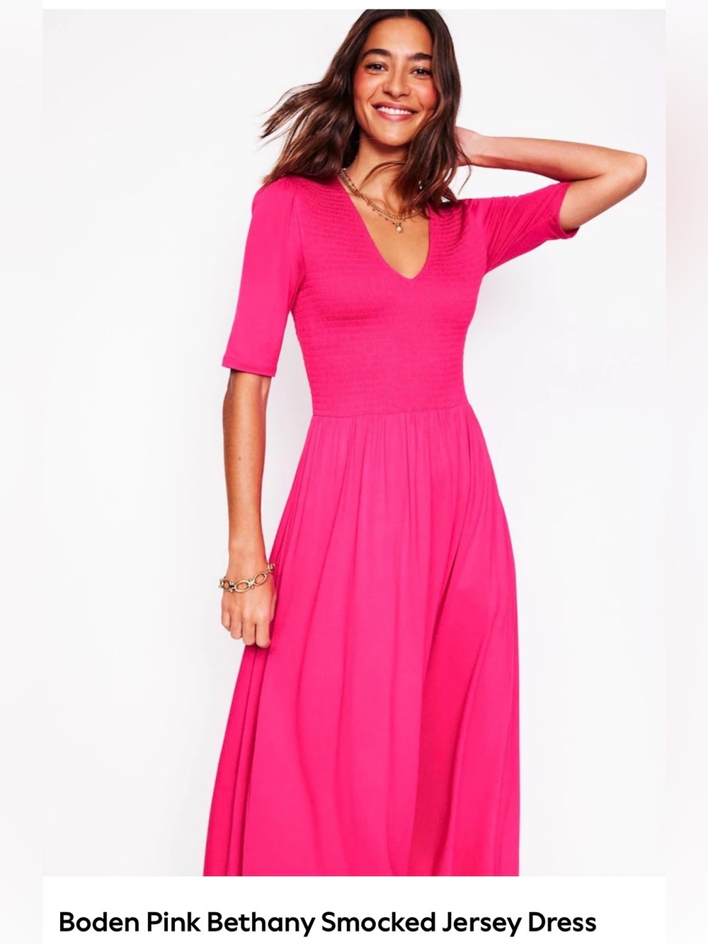 Boden Pink Smocked V‑Neck Maxi Dress